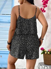 SHEIN PETITE 大码女式无袖碎花连体衣，休闲时尚，修身版型，适合春夏季度假 - 黑與白 - 查看 2