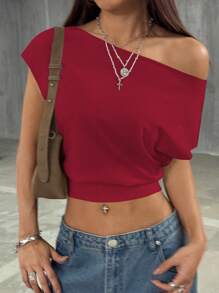 StreetHx 女士性感不对称领口修身短款T恤，休闲