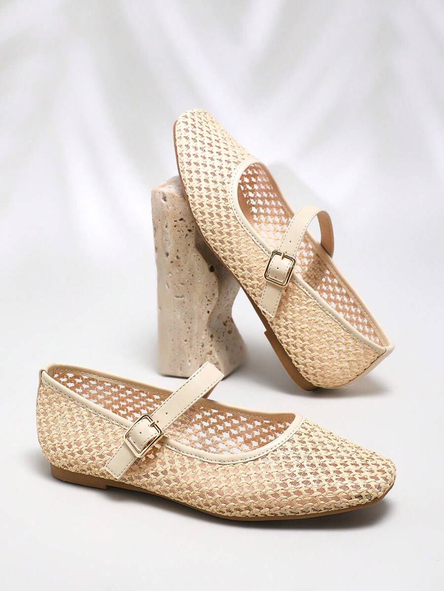SHUZIA 女士方头渔夫编织玛丽珍扣带芭蕾平底鞋 - 米色 - 查看 1