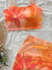 SHEIN Set de bluză și fustă mini, cu imprimeu floral, mulată, casual, confortabilă, pentru fete preadolescente