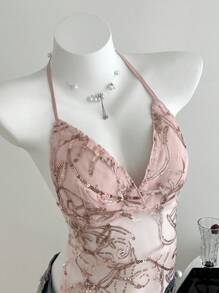 Elamini Sexigt glitterbroderat linne med rygglös halterneck för kvinnor för sommaren - Rosa - Visa 5