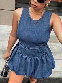 SHEIN EZwear Plus Size Women Sleeveless Backless Short Denim Dress - Light Wash - View 3