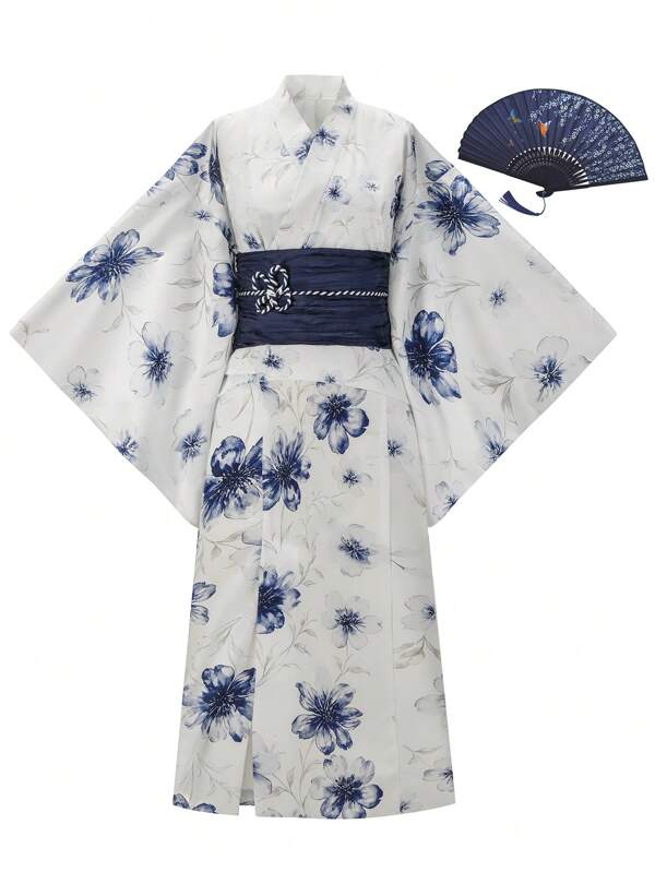Irokai Japanese Women's Traditional Floral Print Blue Yukata Bowknot Yukata (Modified Japan Style Kimono Robe), Easy Wearing