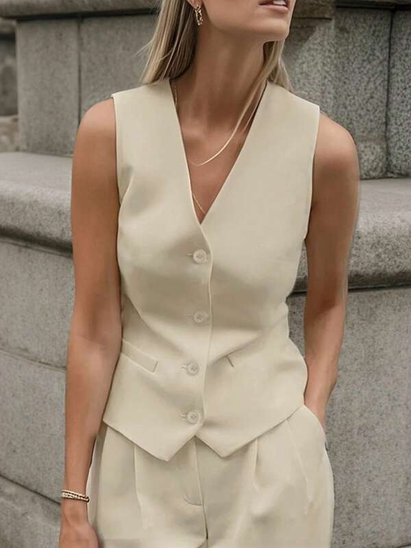 INAWLY Women's Plain Sleeveless V-Neck Vest, Minimalist & Fashionable, Suitable For Summer