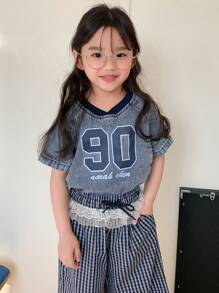 DAZY Young Girl Summer Casual Printed Color Blocking Denim Short Sleeve Blouse