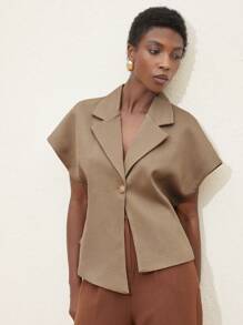 Femmeiva Premium Commuter Tweed Collared Fitted Waist Minimalist Metal Button Women Suit Jacket - Khaki - View 5