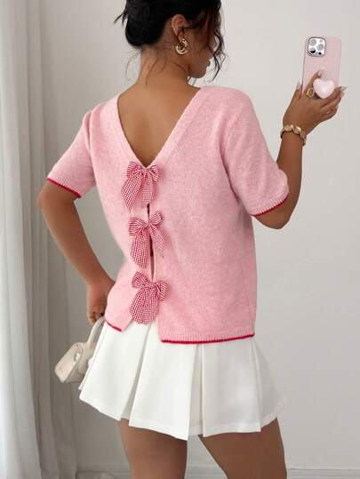 Elenzga Elegant damtröja med kort ärm och vändbar stickning, pendlings- och avslappnad passform, med söt rosett i kontrastfärg i rosa