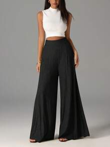 Firerie Women Elegant Casual High Waist Wide Leg Textured Pants, Suitable For Daily Wear,Cargo Pants - Black - View 3