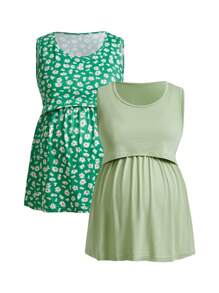 SHEIN Maternity Breastfeeding Crew Neck Sleeveless Elastic Waist Casual 2 Pieces Set, Summer - Green - View 2