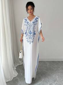 Rafferiza Casual Elegant Lady Floral Print V-Neck Batwing Sleeve Loose Hem Slit Flowy Midi Dress, Comfortable, Suitable For Spring/Summer - Blue - View 5