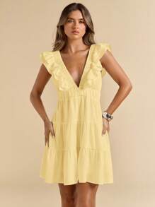 SHEIN BAE Solid Color White Linen Deep V-Neck Short Sleeve Fitted Short Mini Dress, Vacation Dress, White Dress, Graduation/Back To School Dress,Boho Clothes Women - Yellow - View 6