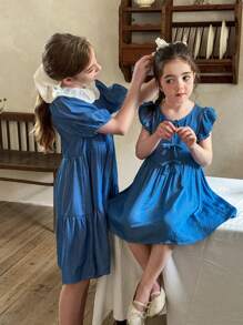 LMoss Kids 年轻女孩梭织纯色圆领荷叶边下摆修身连衣裙 - 藍色 - 查看 1