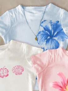 SHEIN Chill Vacation Tropical Flowers, Hibiscus, Frangipani, Starfish, Seashell Coastal Pattern Slim Fit Tween Girls 3pcs/Set Crew Neck Short Sleeve T-Shirts, Comfortable Casual, White, Light Pink, Light Blue, Summer