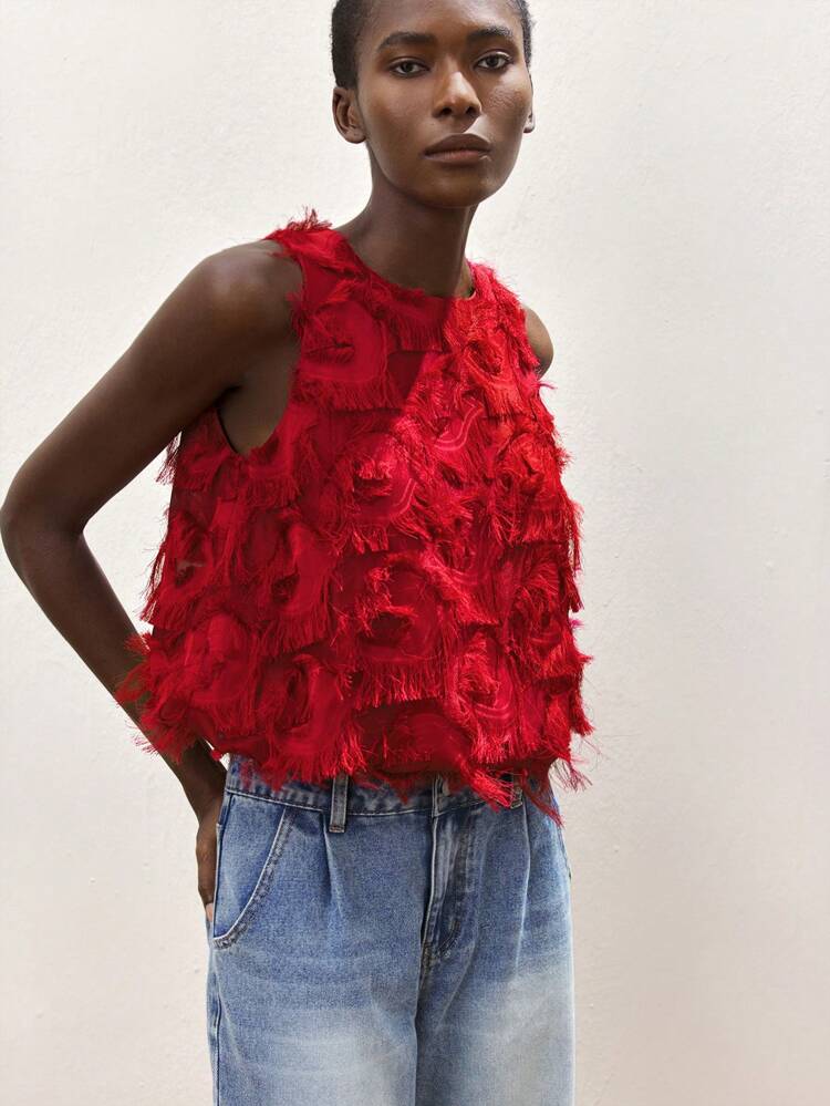 SHEIN Maija Bright Red Jacquard Fabric Round Neck Peplum Hem Feather Decor Stylish Comfortable Casual Bohemian Countryside Style Women's Autumn Camisole, Holiday Beach Cold-Shoulder Top,Halloween,Autumn