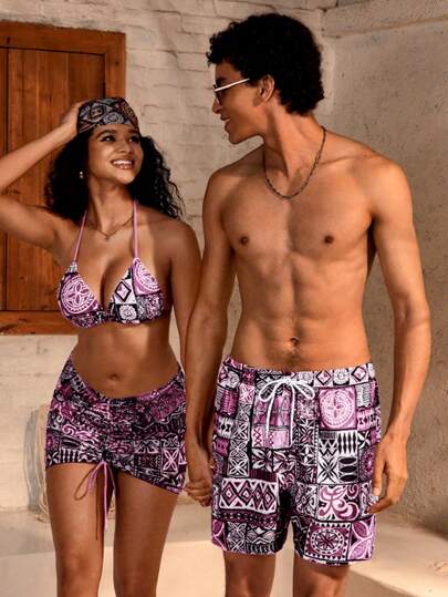 Manfinity VDAYZ 加大码男士几何印花抽绳腰带沙滩短裤（不规则印花）情侣泳装，情侣沙滩装