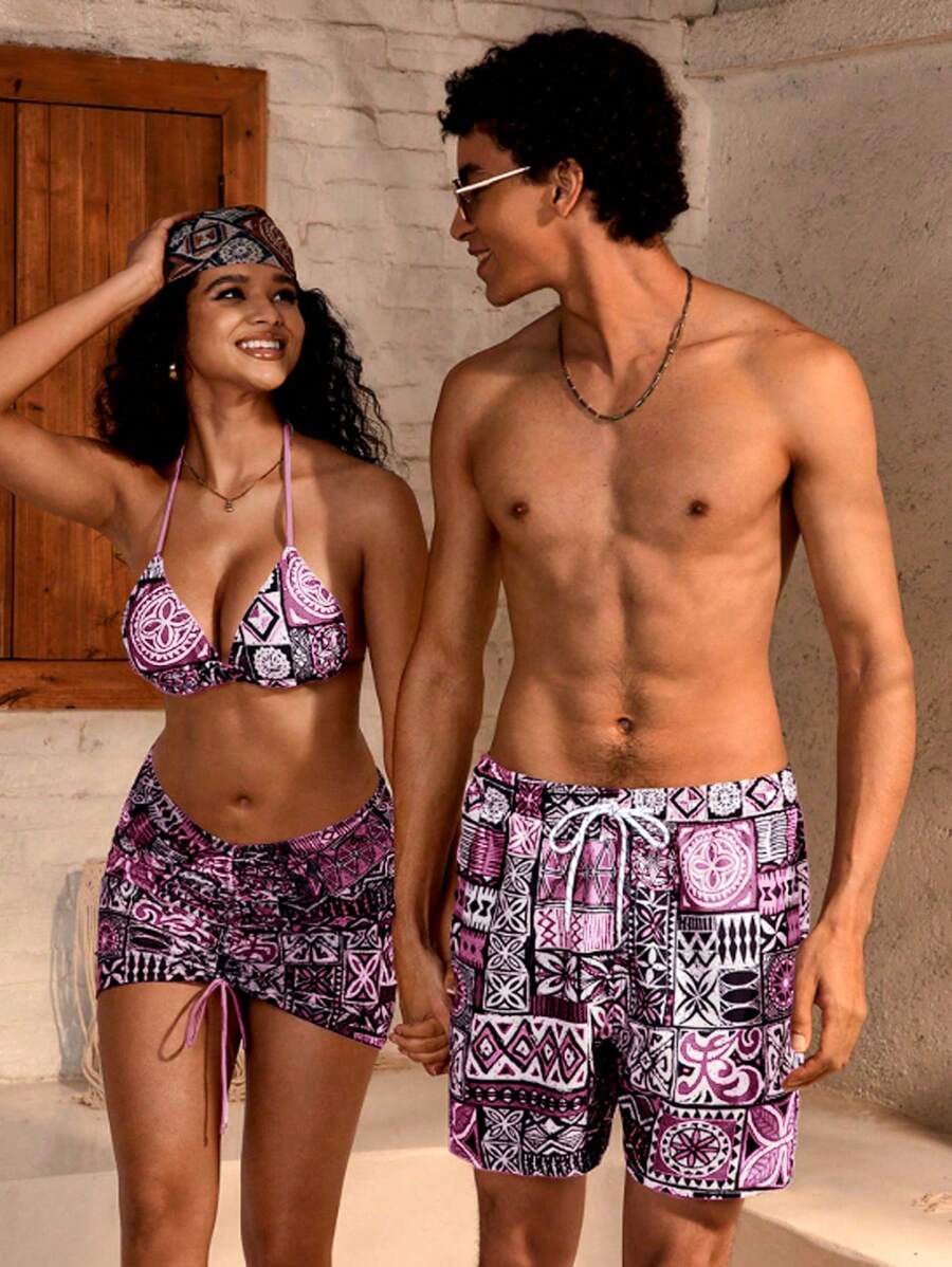 Manfinity VDAYZ Plus Size Men's Geometric Print Drawstring Waist Beach Shorts (Uneven Print) Matching Swimwear For Couples, Beachwear For Couples Swimwear - Burgundy - View 1