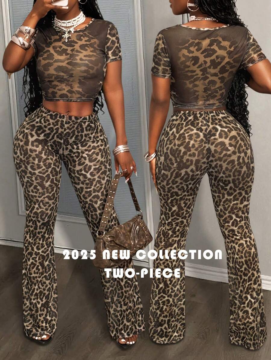 Slaydiva 2025新款夏季休闲街头性感日常约会派对Y2K圆领短袖短款T恤+喇叭超长裤豹纹网眼针织女两件套-E - 彩色 - 查看 1