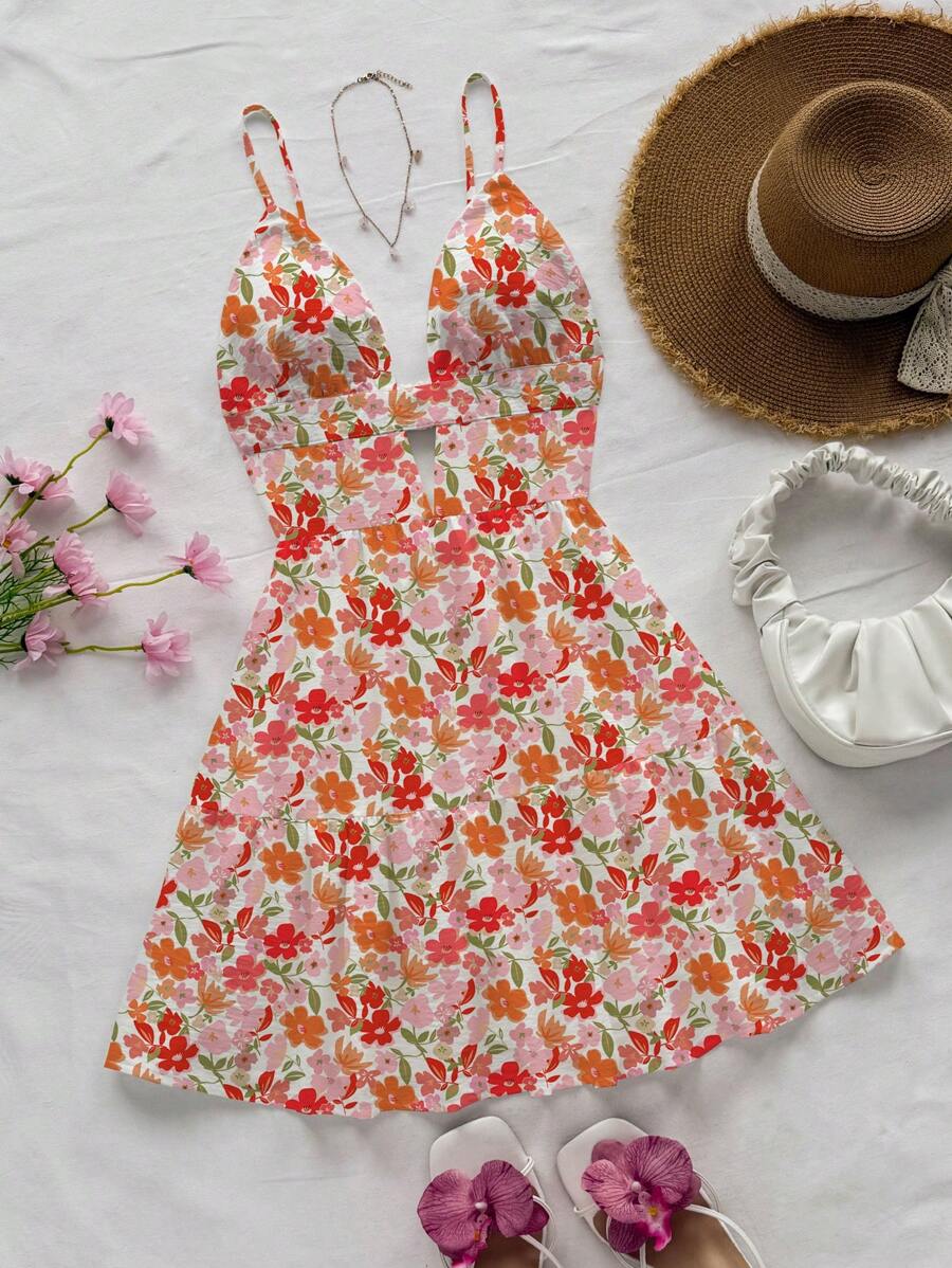 Soleia Vestido casual de mujer de cuello en V con abertura, espalda abierta y bajo con volantes, adecuado para el verano y las vacaciones - Multicolor - Ver 1