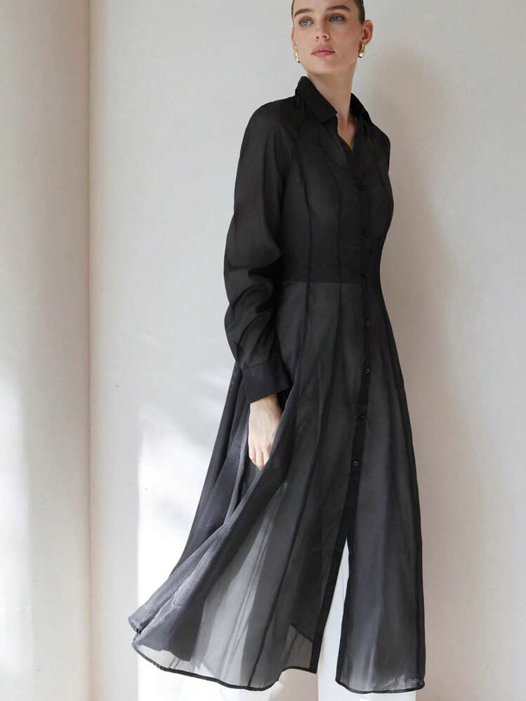 Aveloria Modichic Elegante, sexy y encantador vestido camisero con cuello en V, mangas largas abullonadas, cintura drapeada, detalles plisados y falda evasé en tela traslúcida con textura - Negro - Añade 3