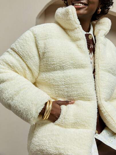 Bóhologie Luxury Teddy Bear Winter Coat, Sophisticated Plush Sherpa Material, Professional Stand Collar, Cozy Textured Exterior, Ultra-Soft Fleece Construction, Contemporary Cropped Length, Winter White Shade, Plush Comfort Technology Teddy Jacket Sherpa Jacket Womens Winter Coat Warm Clothes Women