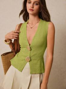 Elaquor Plus Size Women Metal Shell Decor V-Neck Knitted Sweater Vest In Fall/Winter - Green - View 7