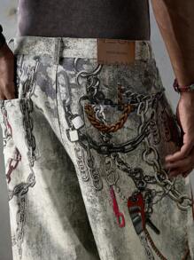 NEON BLANC Men Street Style Chain Print Personalized Pants, Streetwear-Inspired, Fall - White - View 6