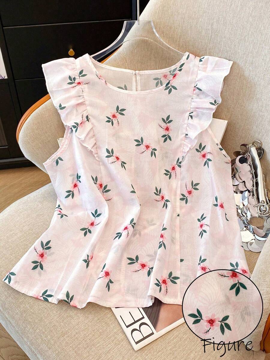 SHEIN LUNE Women's Plus Size Embroidered Colorful Print Cap Sleeve Blouse - Pink - View 1