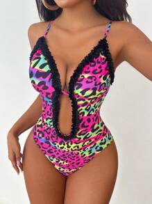 Swim EVENT Leopard Frill Trim Spaghetti Strap One Piece Swimsuit For Summer Beach Vacation