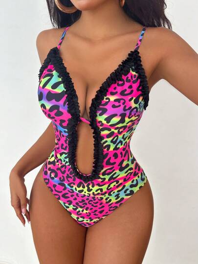 Swim EVENT Leopard Frill Trim Spaghetti Strap One Piece Swimsuit For Summer Beach Vacation