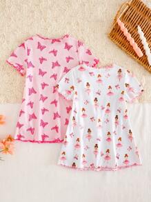 2pcs/Set Baby Girl Butterfly Pattern Ruffle Trim Round Neck Loose Comfortable Knit Nightgown - Multicolor - View 2