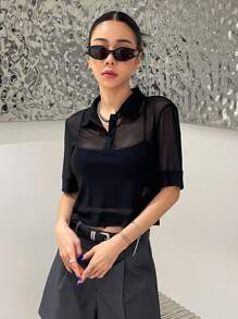 DAZY Solid Half Button Crop Top Without Cami Top Festival Sheer - Black - View 7