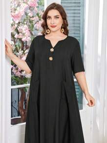 Lacomfia Women's Plus Size Rose Gold Button Pocket Loose Short Sleeve Casual Dress - Black - View 6