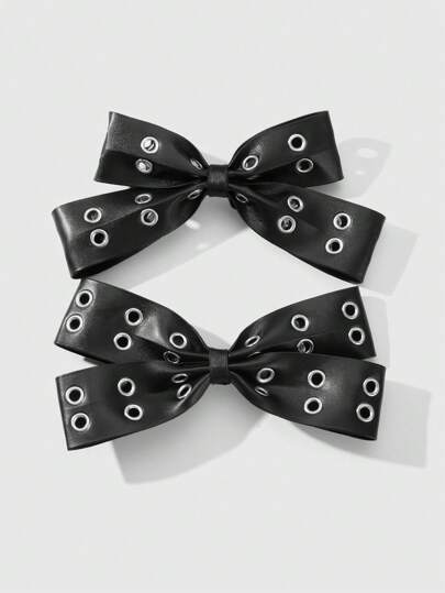 Grunge Punk 2pcs Y2K Vintage Punk Goth Style Black Leather Double Air Vent Bow Decor DIY Hair Clips, Spring Clamps Ponytail Holder Set, Suitable For Sisters, Friends, Daily Wear, Holiday Gifts