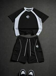PAVTROS Bộ áo phông Raglan cổ tròn tay ngắn in chữ thường ngày cho nam và quần short cạp rút - Đen và trắng - Xem 1