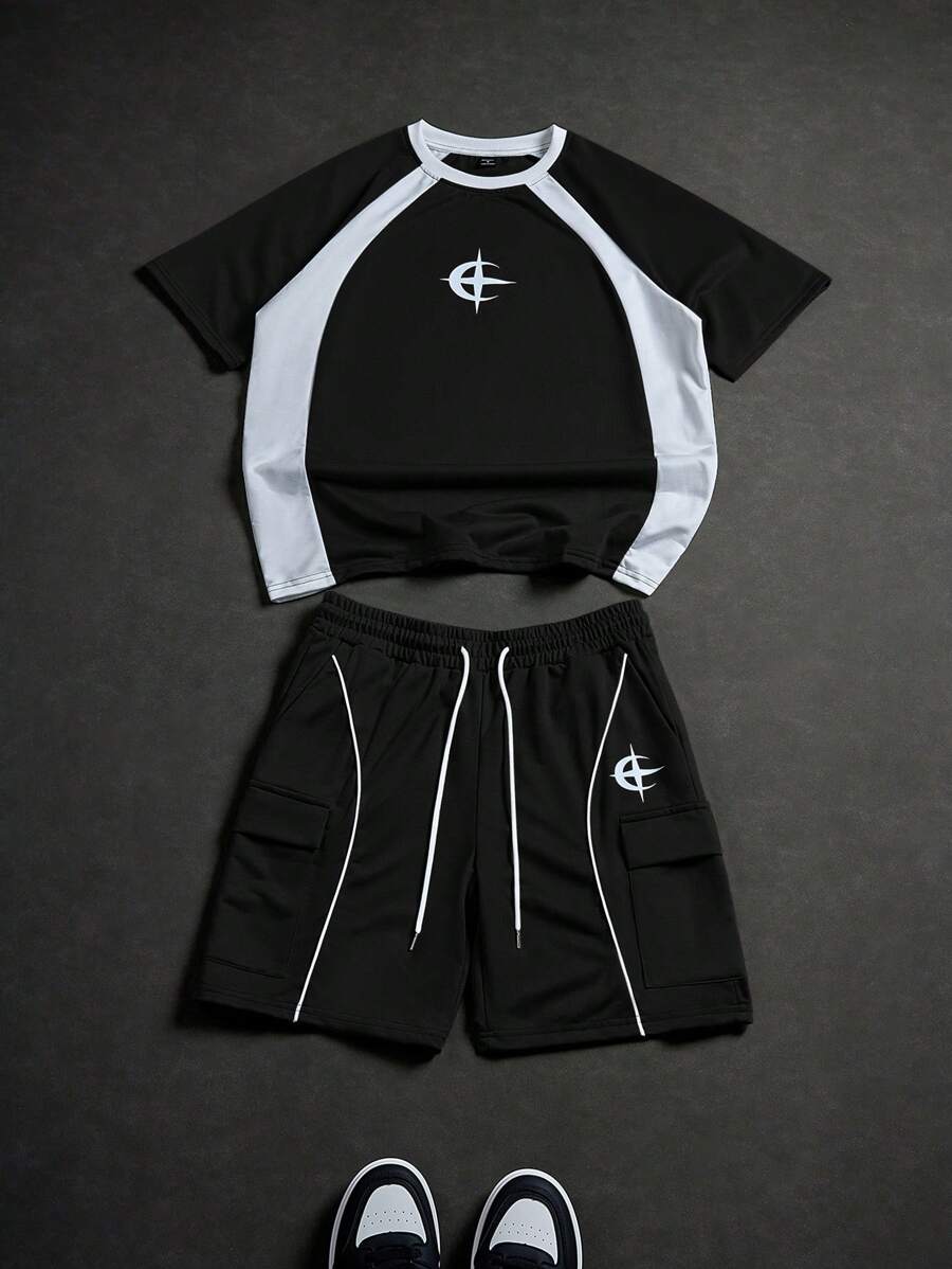PAVTROS Bộ áo phông Raglan cổ tròn tay ngắn in chữ thường ngày cho nam và quần short cạp rút - Đen và trắng - Xem 1