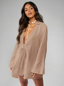 MISSGUIDED Long Sleeve Tie Front Kimono Beach Cover Up Lightweight Summer Resort Wear Evening Wrap - Mocha Brown - View 1