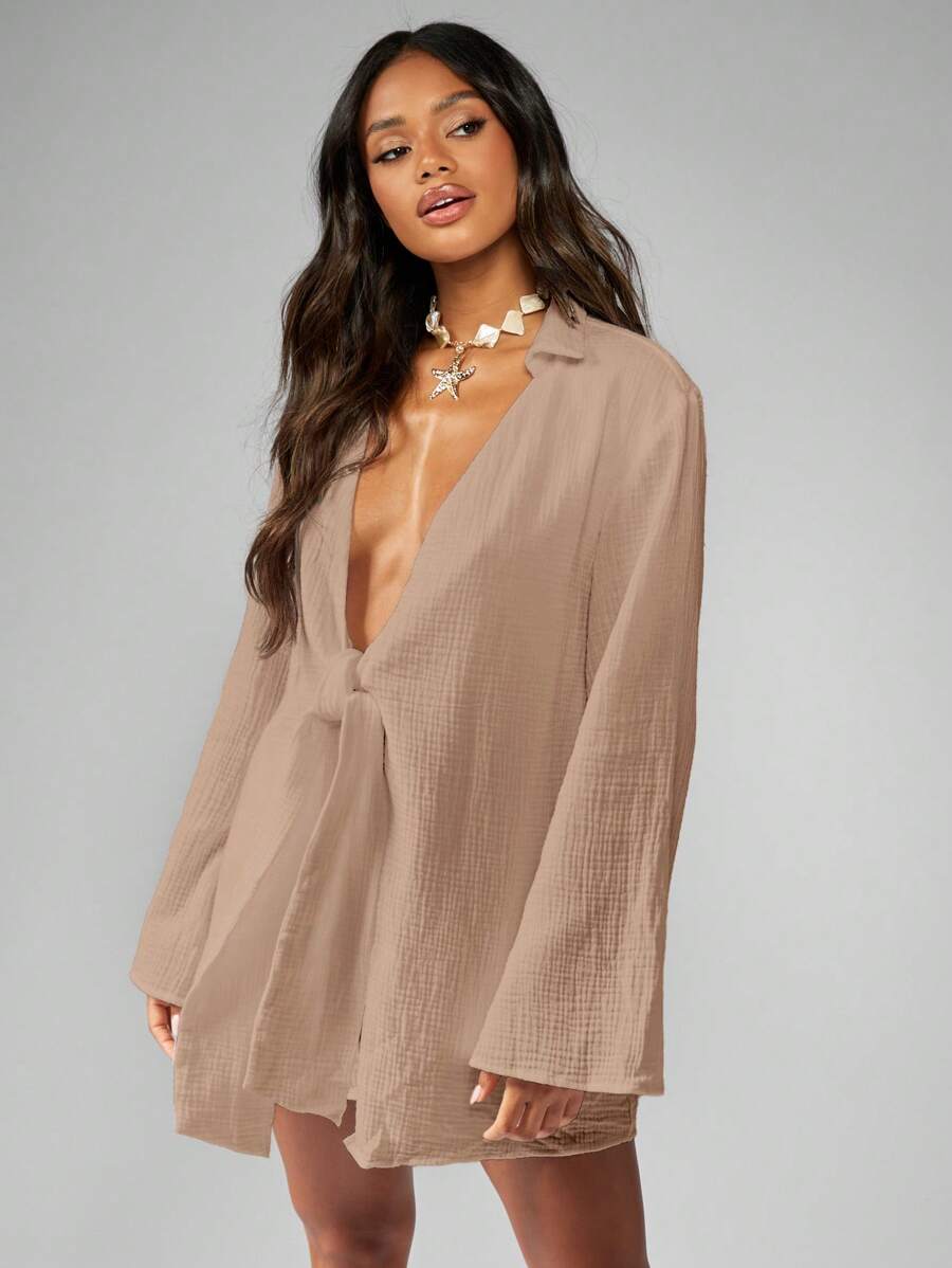 MISSGUIDED Long Sleeve Tie Front Kimono Beach Cover Up Lightweight Summer Resort Wear Evening Wrap - Mocha Brown - View 1