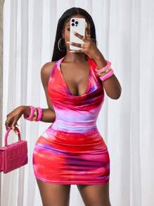 BamGleam Vestido sin espalda con tirantes de mujer con estampado de tie-dye