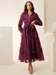 Anewsta Bộ váy dài 2 món thời trang thanh lịch, cổ áo khoét sâu họa tiết ren và buộc eo, viền ren hoa cho nữ - Màu tím - Xem 6