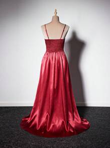 Viva Relle 简约高档吊带束腰长款露背连衣裙，仿珍珠装饰，派对 - 酒紅色 - 查看 2