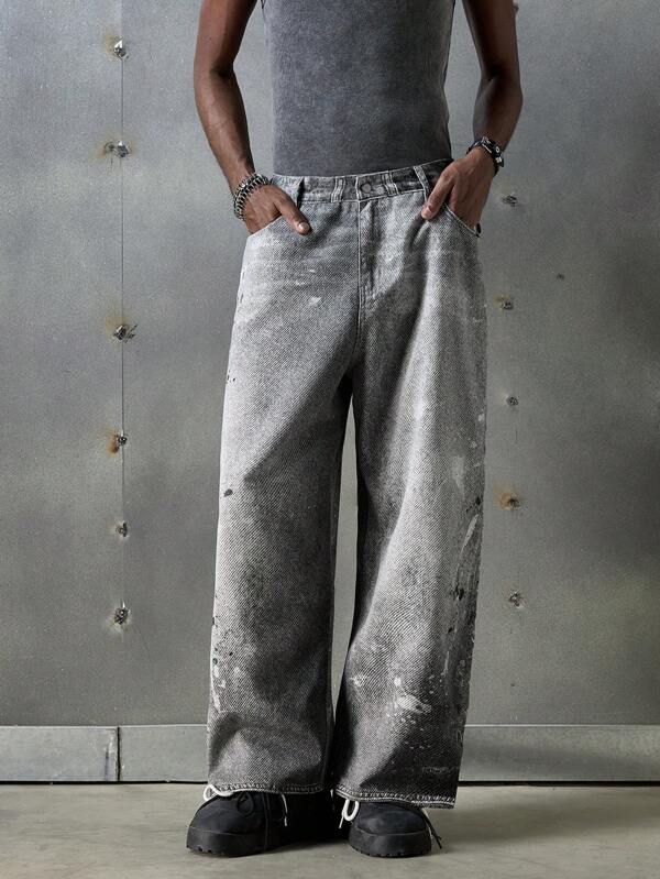 NEON BLANC Herren Straßen-Mode Weite Bein Jeans, inspiriert vom Streetwear-Stil