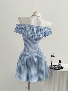 Chiquease Women's Summer Off-Shoulder Frill Hem Plaid Belted Midi Dress