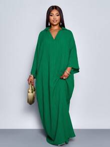 SOLERSUN Women's Fashionable V Neck Loose Batwing Sleeve Dress For Holiday Maxi Women Outfit - Green - View 7