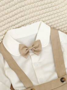 SHEIN 2pcs Toddler Boys' Cute Formal Gentleman Style Outfit Set, Including White Long Sleeve Collar Shirt With Bowknot And Casual Suspender Pants, Fashionable Elegant Handsome, Suitable For Birthday Party, Evening Party, Performance, Wedding, Full Moon, Baptism And Celebration, Spring/Autumn Fall Winter