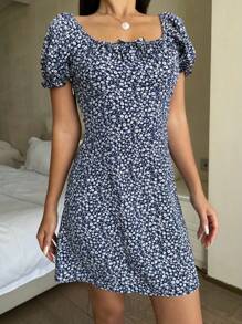 Tween Girls' Navy Blue Ditsy Floral Stand Collar Bow Front Fitted Puff Sleeve Mini Dress, For Parties, Vacations, Outings, Coastal Grandma Outfit