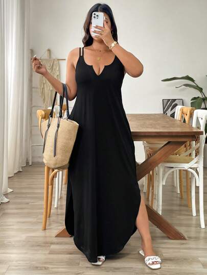 SHEIN Tall Elegant Commuting & Evening Casual Black Dress, Simple V-Neck Sleeveless Loose Fit Plus Size Tall Version, Versatile & Comfortable Fabric, Suitable For Spring, Summer, Autumn