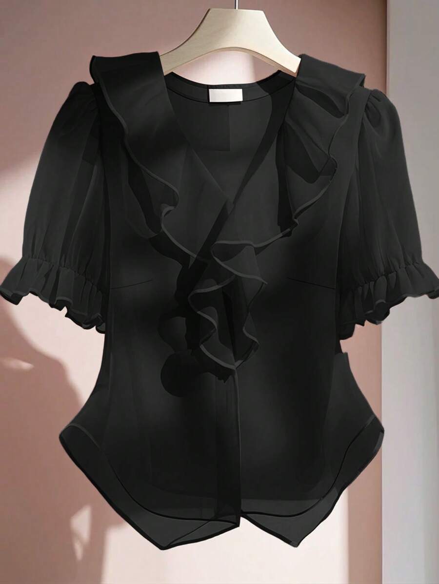 SHEIN Clasi Áo cánh tay ngắn màu đen cổ chữ V viền bèo nhún cỡ lớn, thường ngày, mùa hè - màu đen - Xem 1