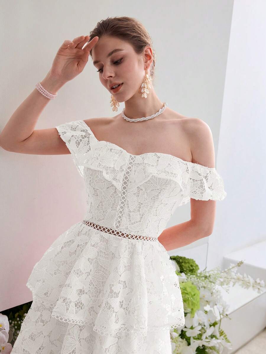 MOTF Soiréza LACE ELEGANT ROMANTIC OFF SHOULDER RUFFLE TRIM LAYERED HEM COCKTAIL DRESS - Beige - View 1