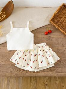LMoss Kids 两件套女童针织纯色樱桃图案吊带背心和短裤套装 - 彩色 - 查看 2