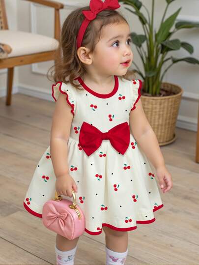 SHEIN 可爱的小女孩迷你心形、迷你樱桃印花、甜美蝴蝶结卡通印花时尚长袖连衣裙，适合秋冬季 - 樱桃女孩、蝴蝶结细节、中途海滩度假、水果流行、甜美蝴蝶结、激活度假氛围